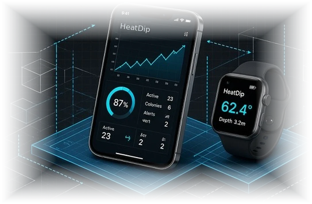 Phone and watch app screens on a blueprint platform